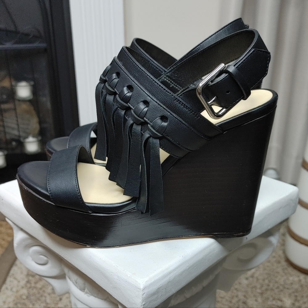 JIMMY CHOO NYA 120 FRINGE WEDGE SANDAL, BLACK 38 - Picture 3 of 14